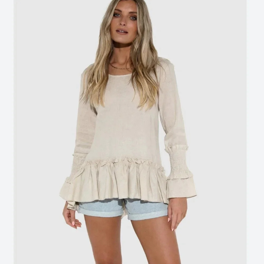 NWT Lost In Lunar Linen Mila Oversized Longsleeve Ruffle Flowy Coastal Top XS